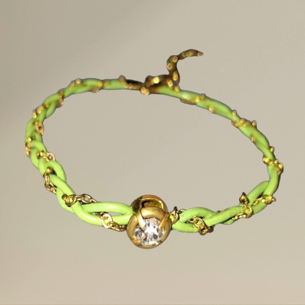 3/25$ Bracelet Braided Cord & Chain Green Adjustable Rhinestone
